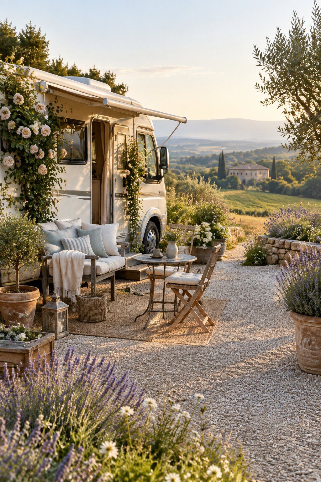A recreational vehicle sits in a peaceful French countryside garden beside a cozy outdoor seating area.