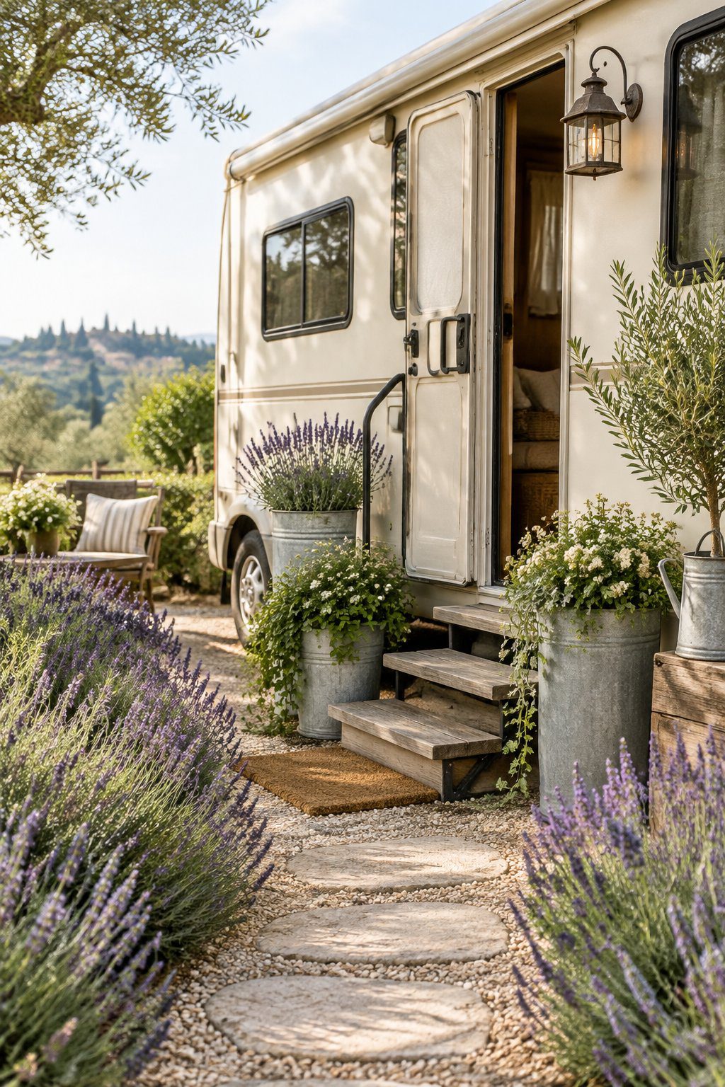A cream-colored RV entrance with lavender-lined steps and galvanized planters.