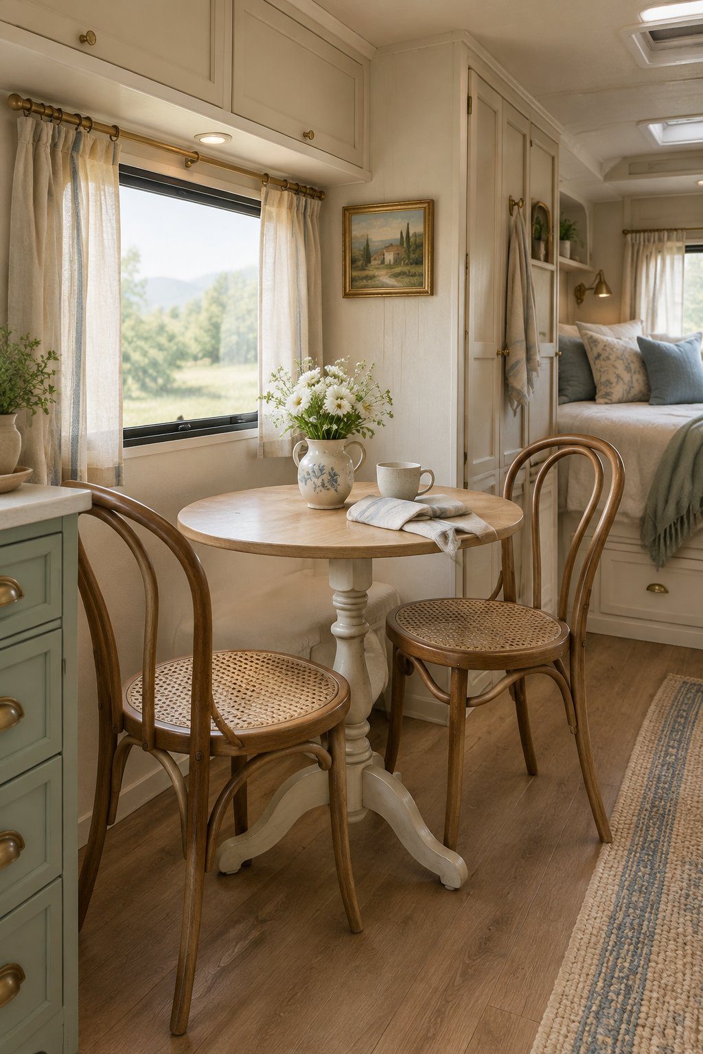 A cozy RV dining nook with a small café table, two bentwood chairs, and a vase of white flowers.