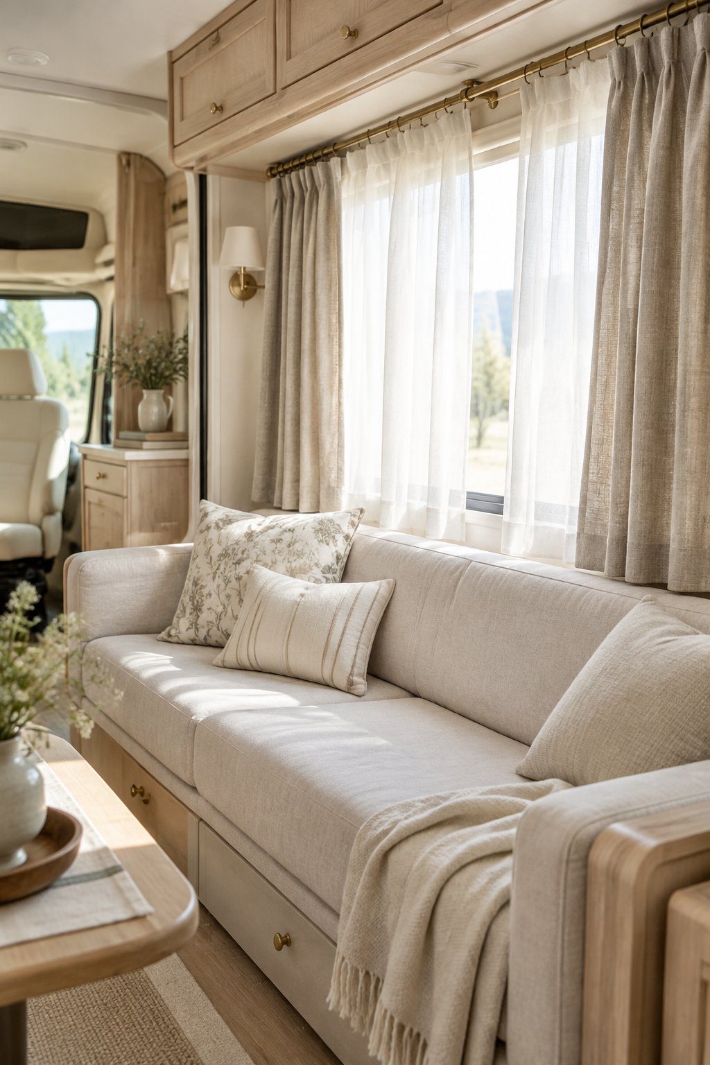 Oatmeal and ivory linen curtains frame a bright window in a calm RV living space.