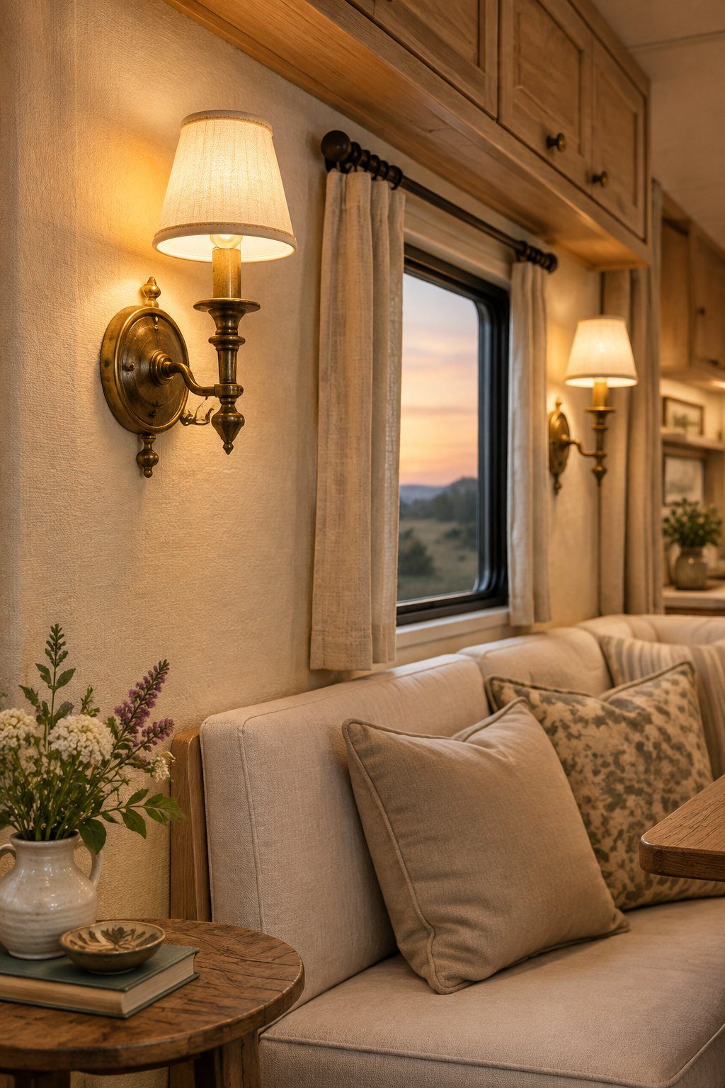 Two glowing brass wall sconces illuminate a cozy RV seating area.