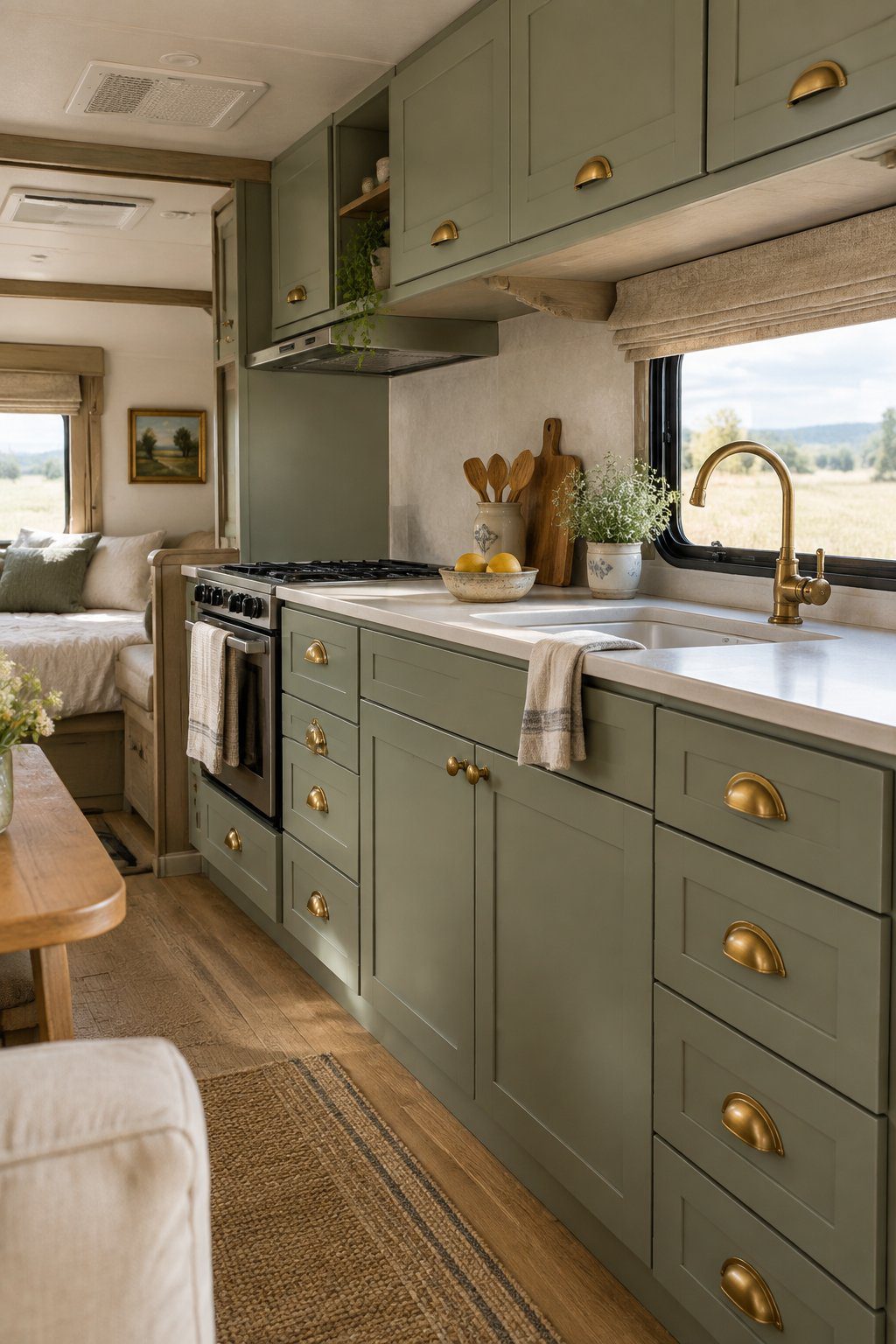 A compact RV kitchen with sage green cabinets, brass cup pulls, and warm natural accents.