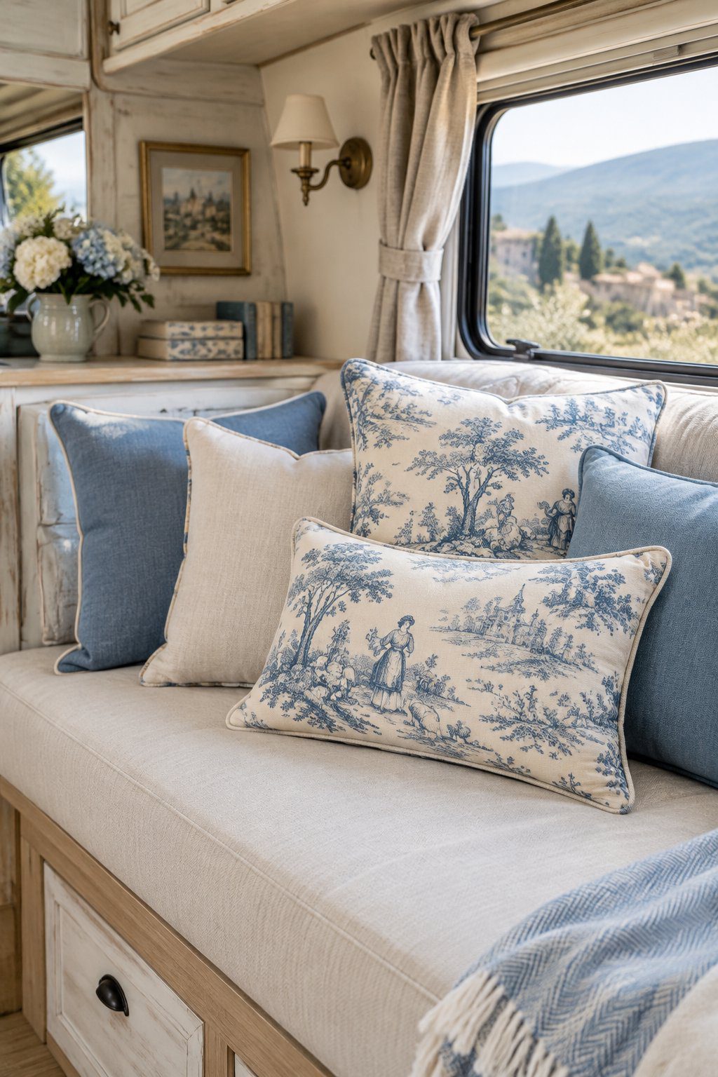 Blue and cream toile pillows arranged on a seating area inside a bright RV.