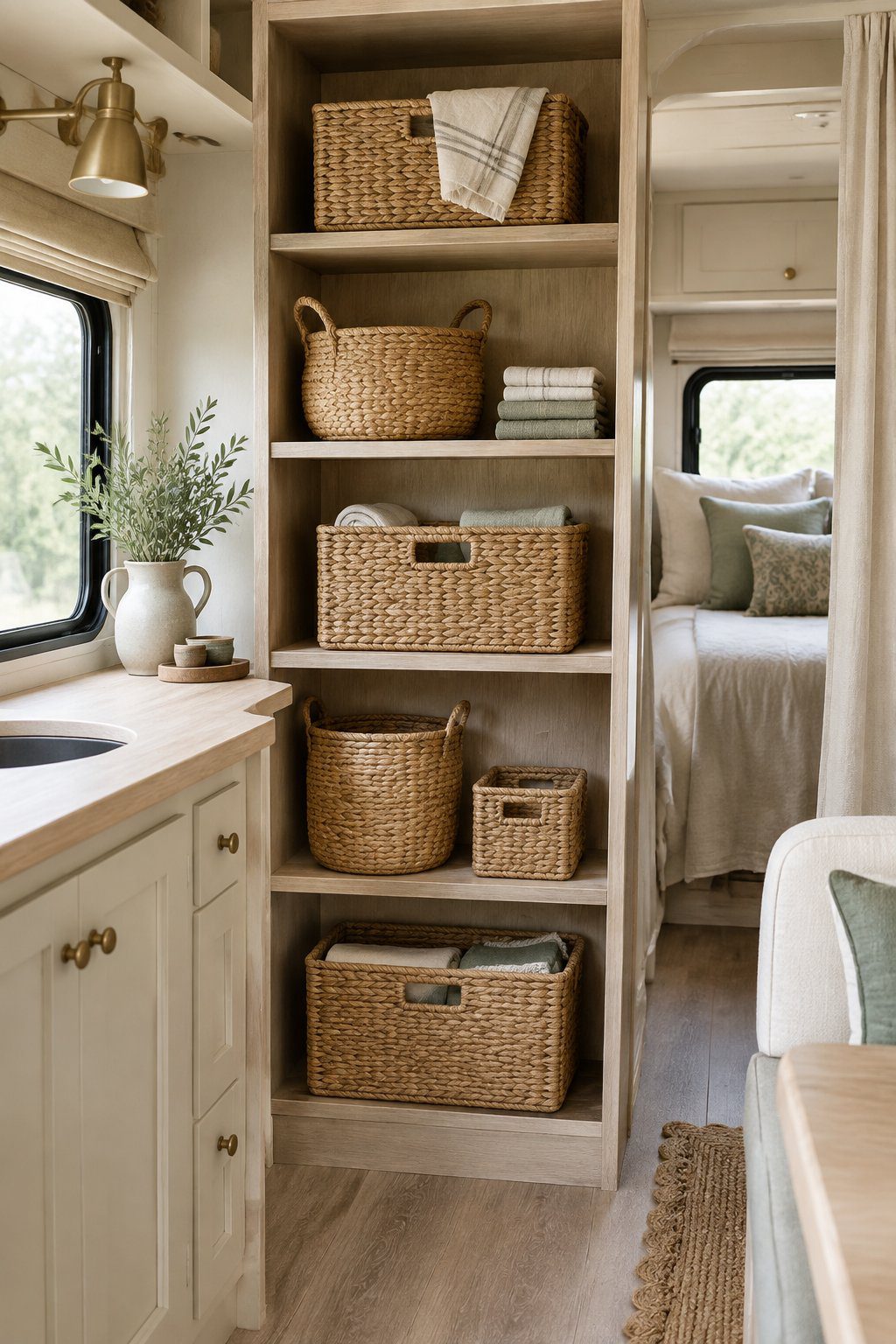 Woven seagrass baskets arranged on open shelves inside a softly decorated RV interior.