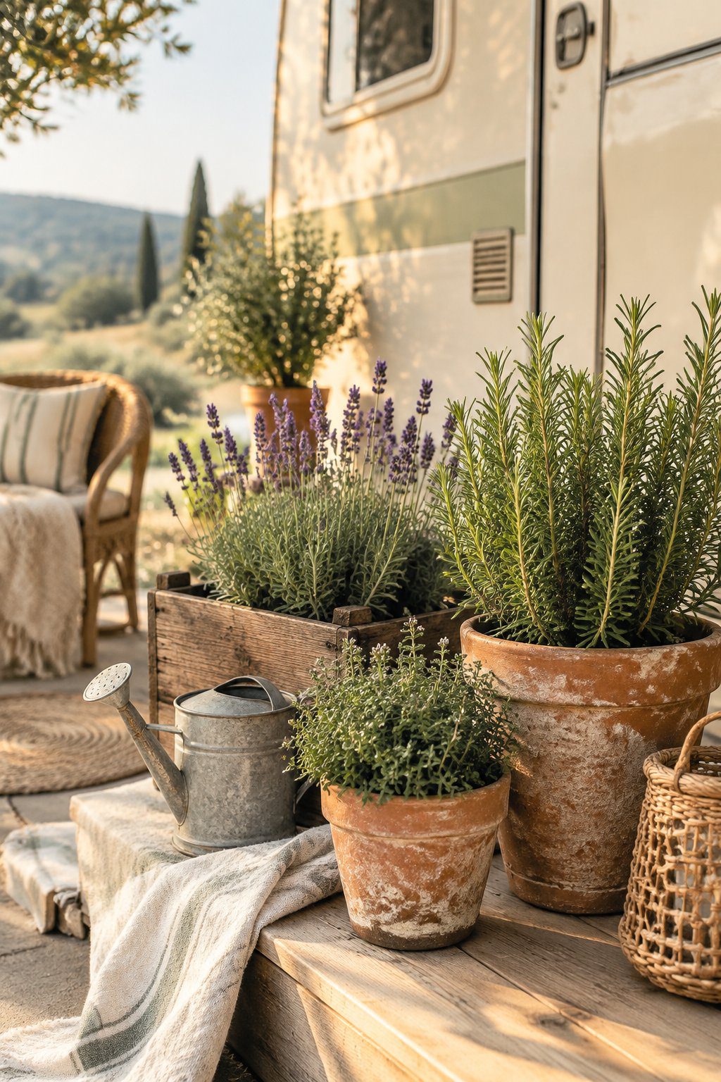 A small outdoor herb garden with rosemary, thyme, and lavender in rustic pots beside an RV.