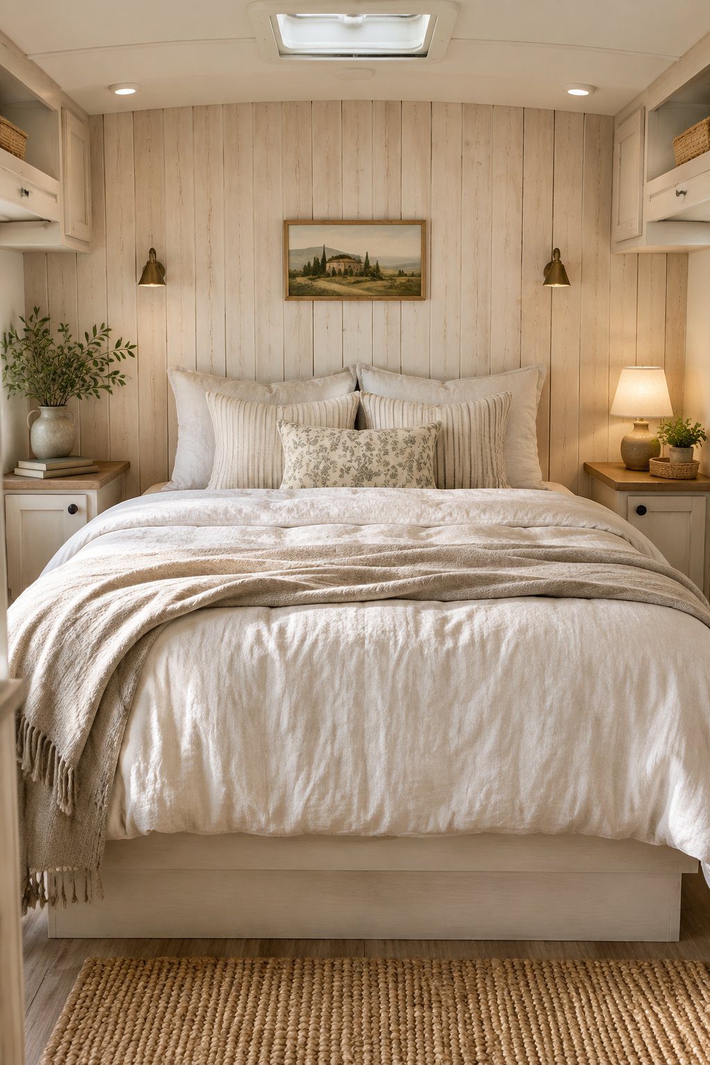 A cozy RV bedroom with a whitewashed wood slat wall behind the bed.