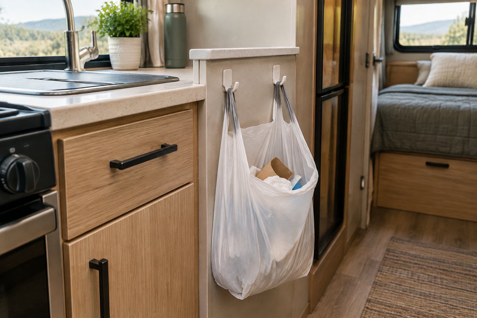 A trash bag hangs from two upside-down hooks beside a counter in an RV kitchenette.