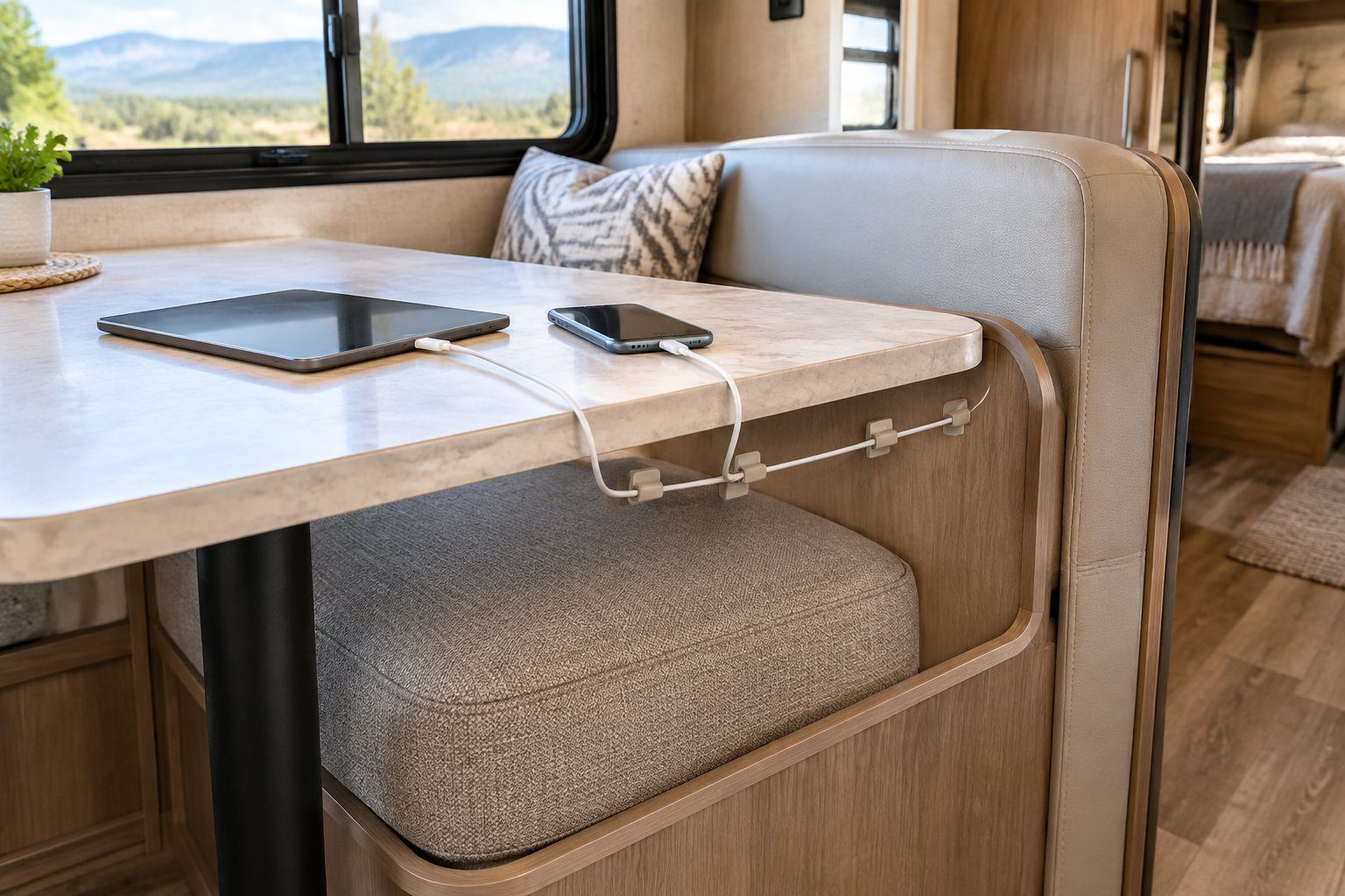Charging cables are routed neatly behind an RV dinette using small adhesive hooks.