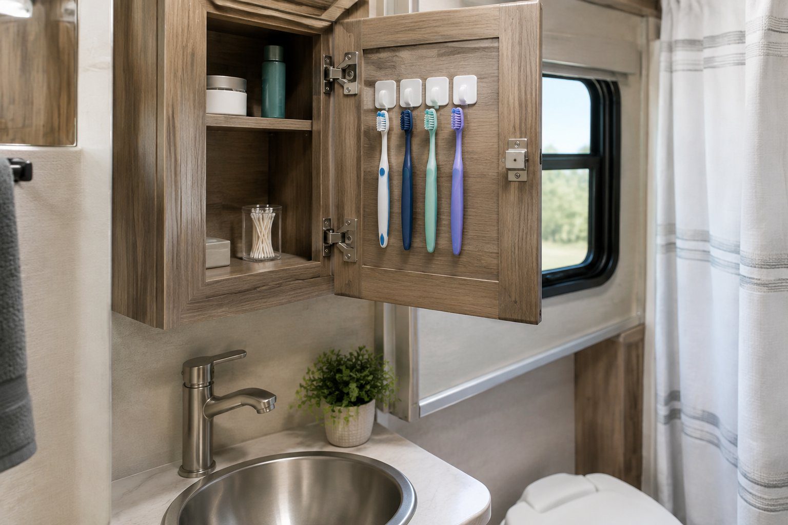 Toothbrushes hang from hooks inside an open RV medicine cabinet secured with a latch.