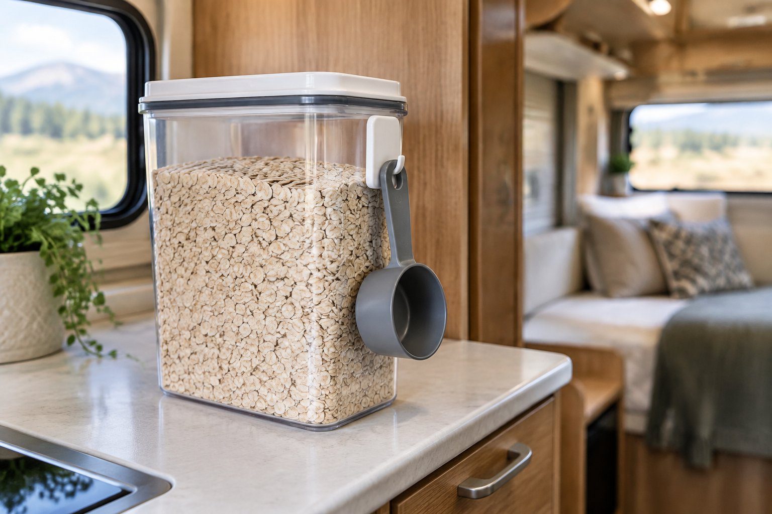 A measuring scoop hangs from a hook on a pantry container inside an RV.