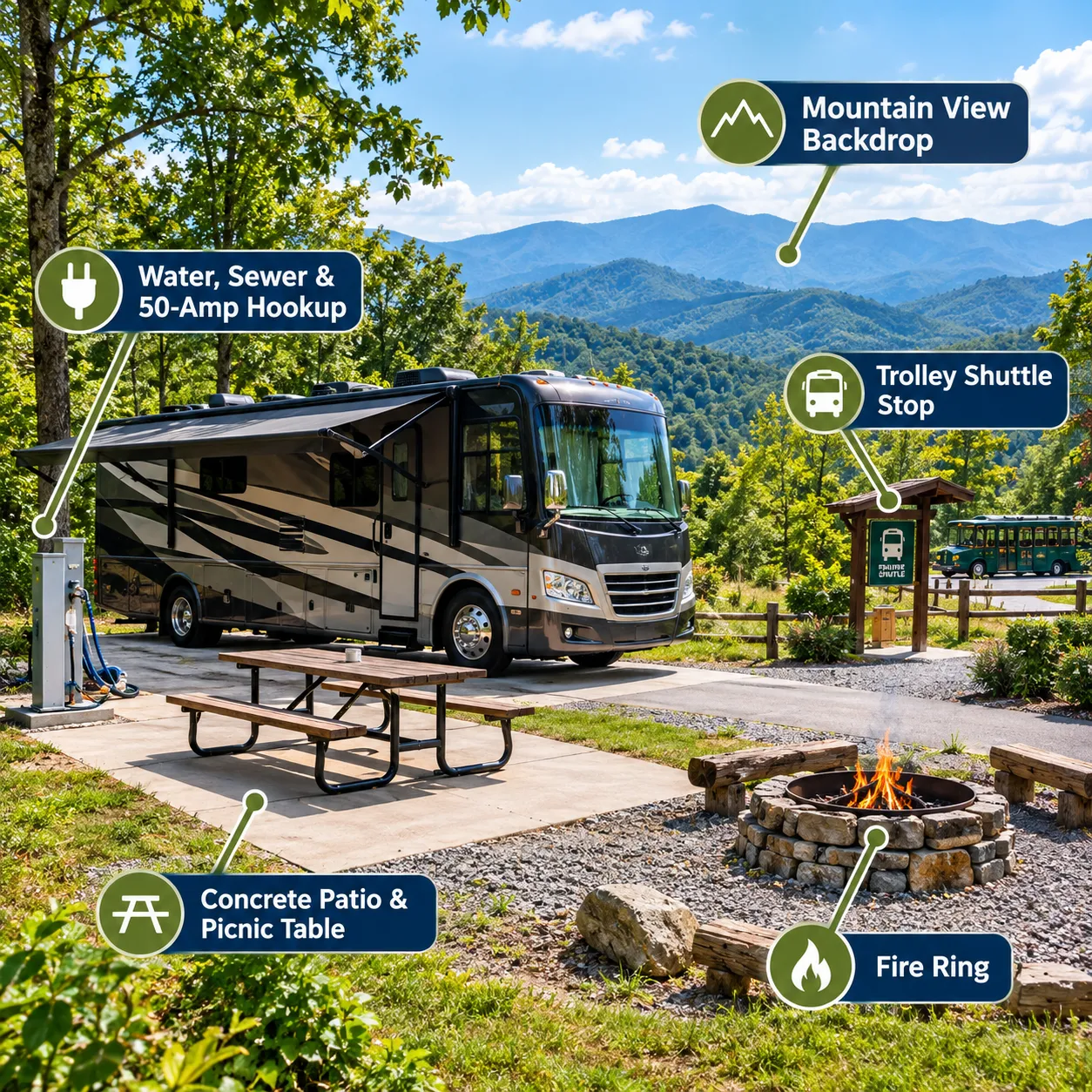 Hookups, Amenities & Shuttle Access for Pigeon Forge & Dollywood RV Camping