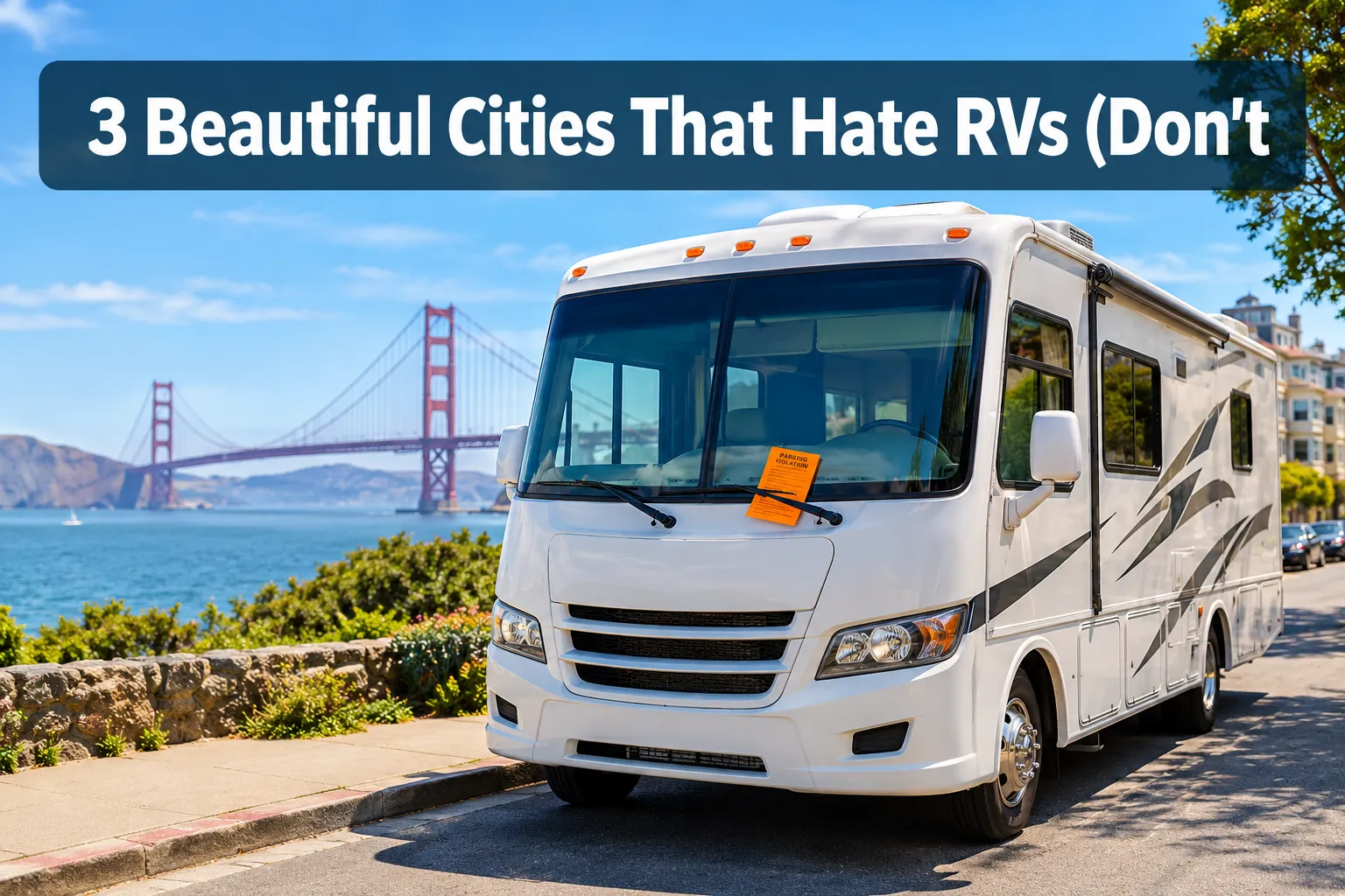 Professional () hero image with (≤42 chars): '3 Beautiful Cities That Hate RVs (Don't', crisp white on a dark
