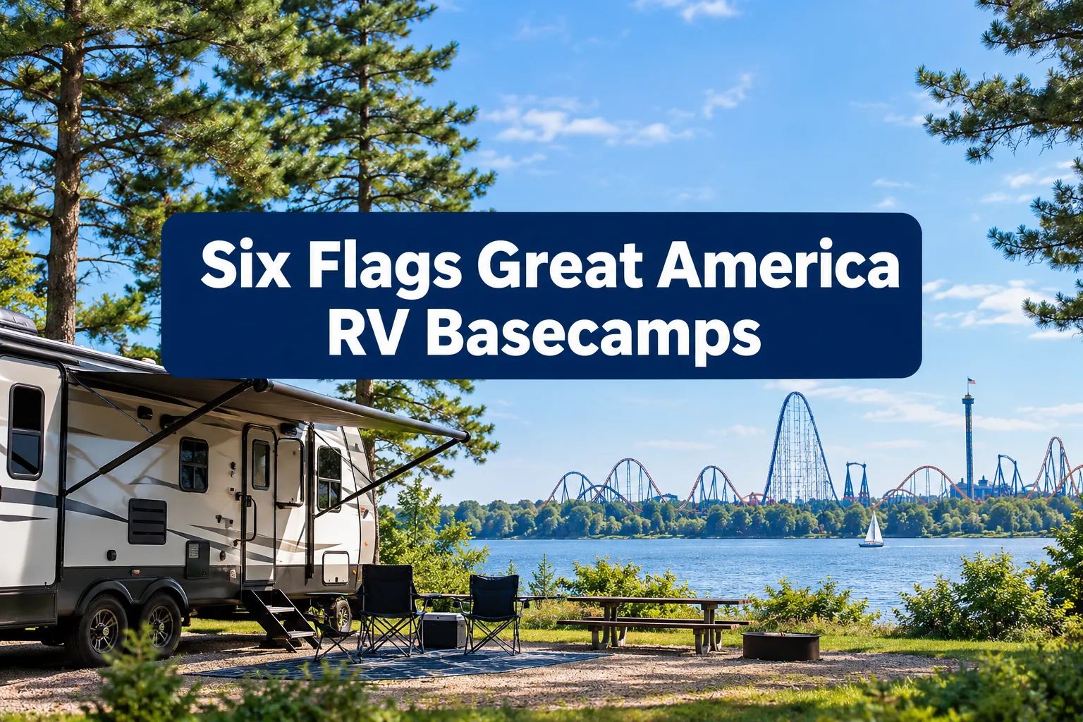 Professional () hero image with SHORT (≤42 chars): 'Six Flags Great America RV Basecamps', white on a dark navy panel,