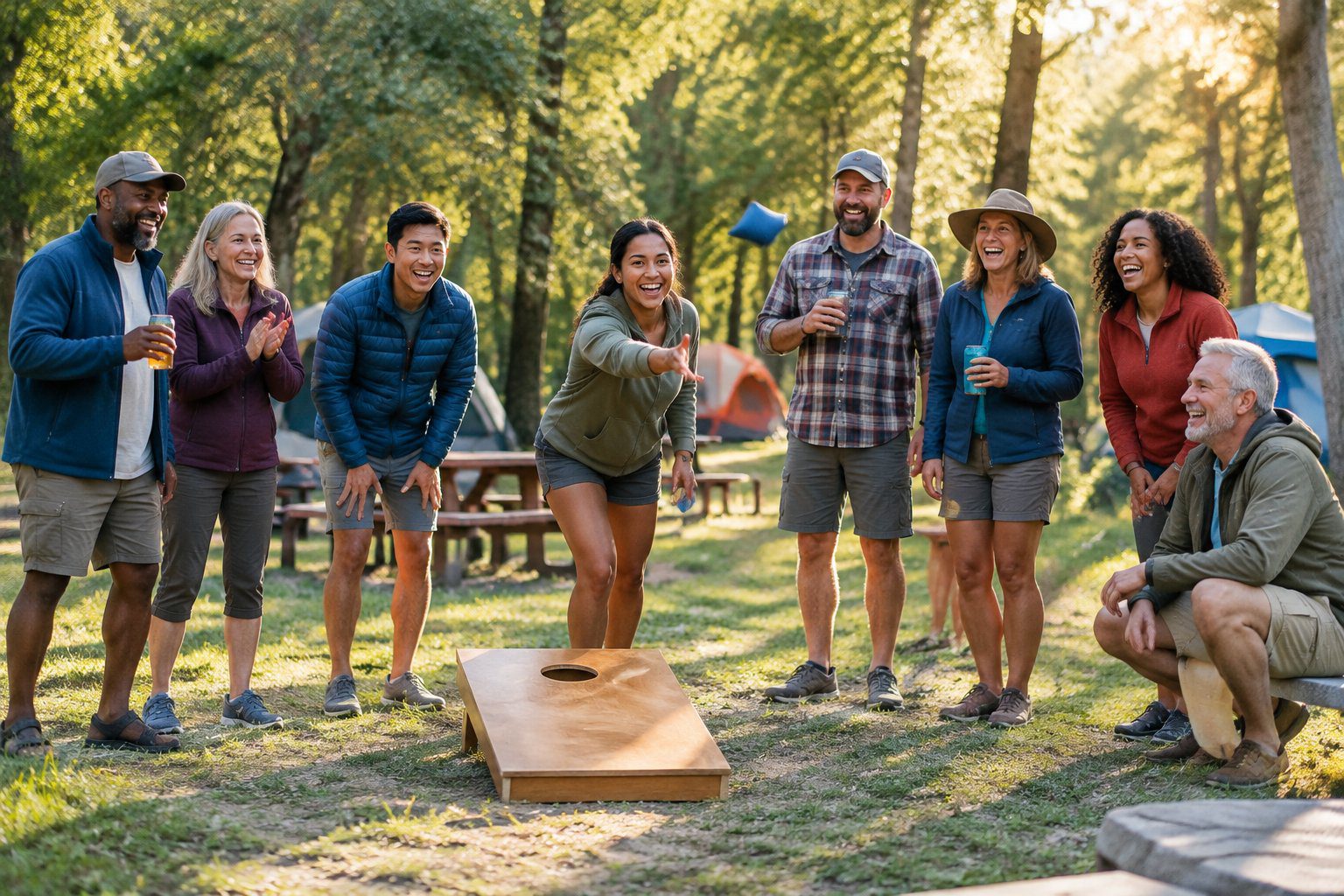 A group of campers laugh and cheer while playing cornhole at a campground.