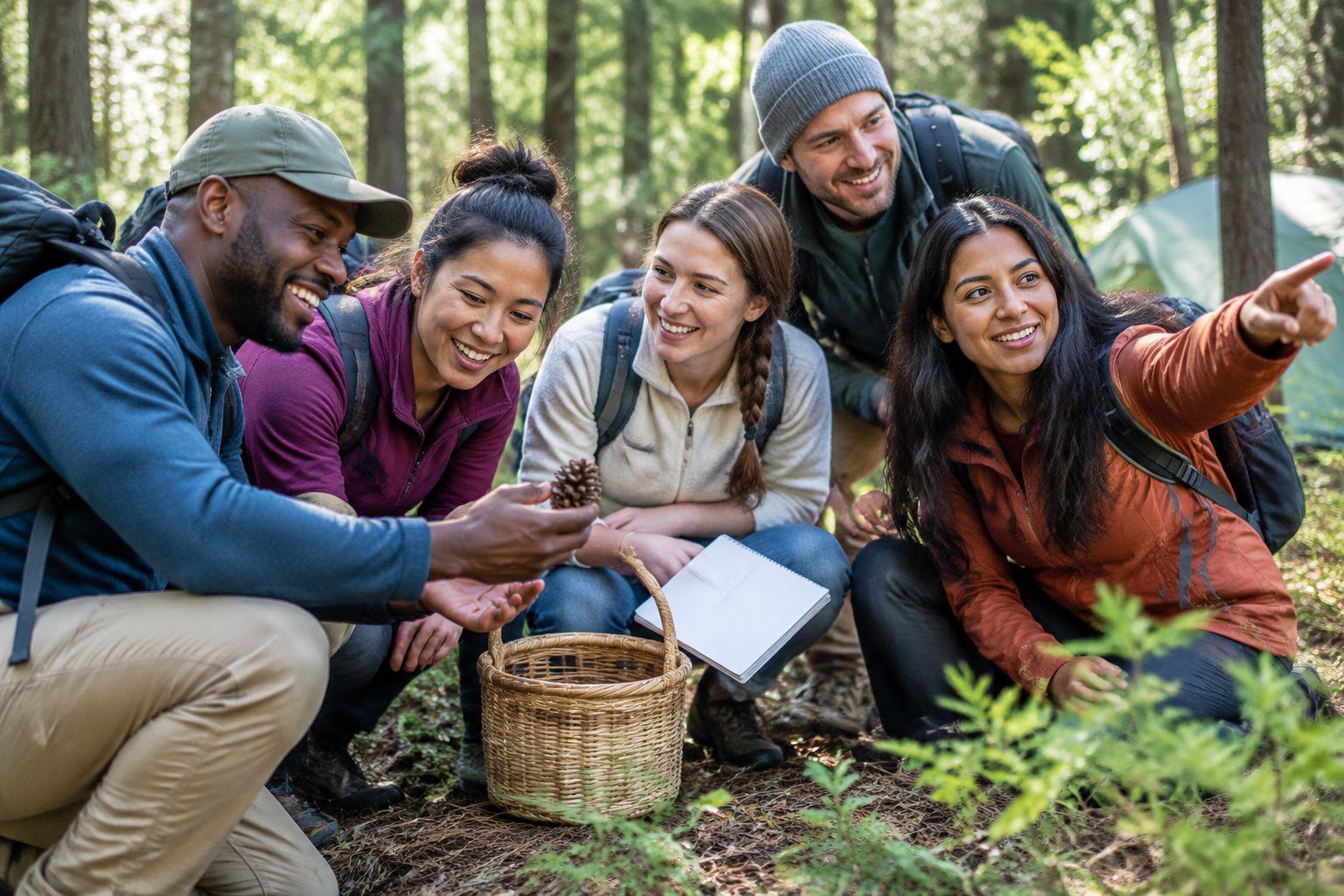 A group of campers smiles as they search for nature treasures together in a forest clearing.