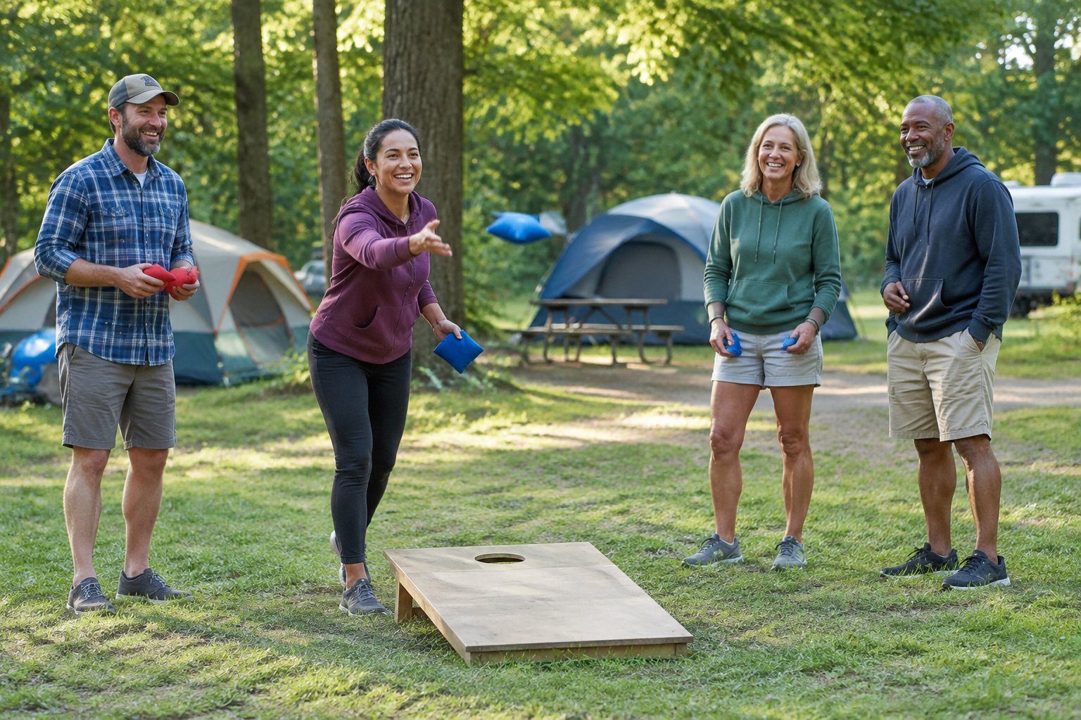 Four campers smile and take turns tossing beanbags at a cornhole board.
