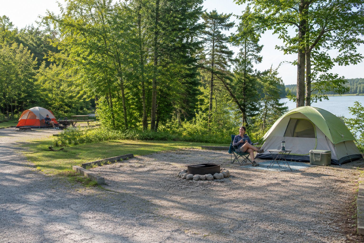 A tent at the end of a campground row with one neighboring campsite nearby.