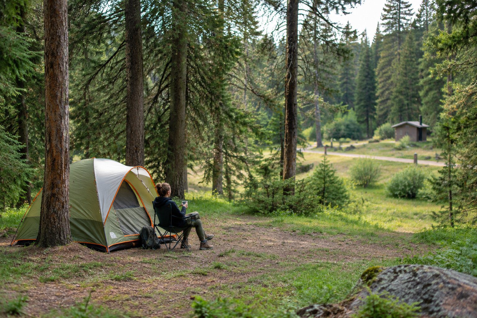 A tent sits in a quiet wooded campsite, away from a restroom and walking path.