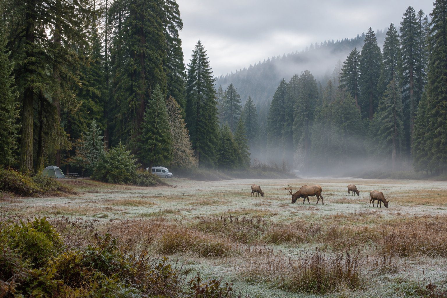 Elk graze in a misty winter meadow bordered by tall redwood trees.