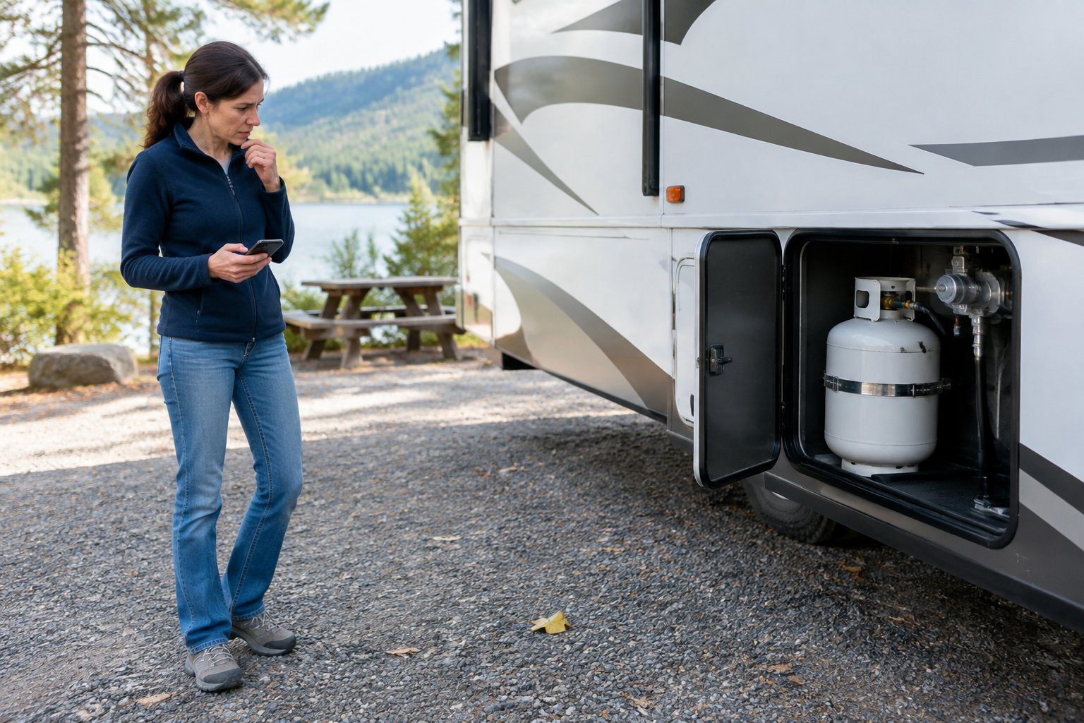 An RV owner notices a propane tank compartment on a parked recreational vehicle.