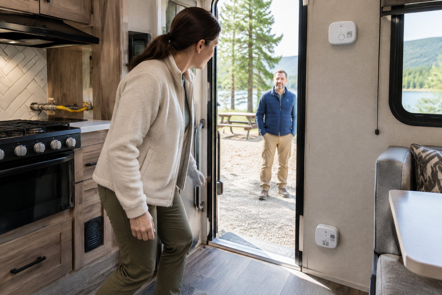 A camper notices a gas detector inside an RV while another person waits outside.