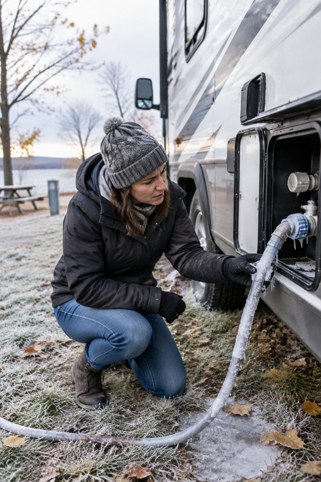 An RV owner checks a frosty water hookup beside a parked recreational vehicle.