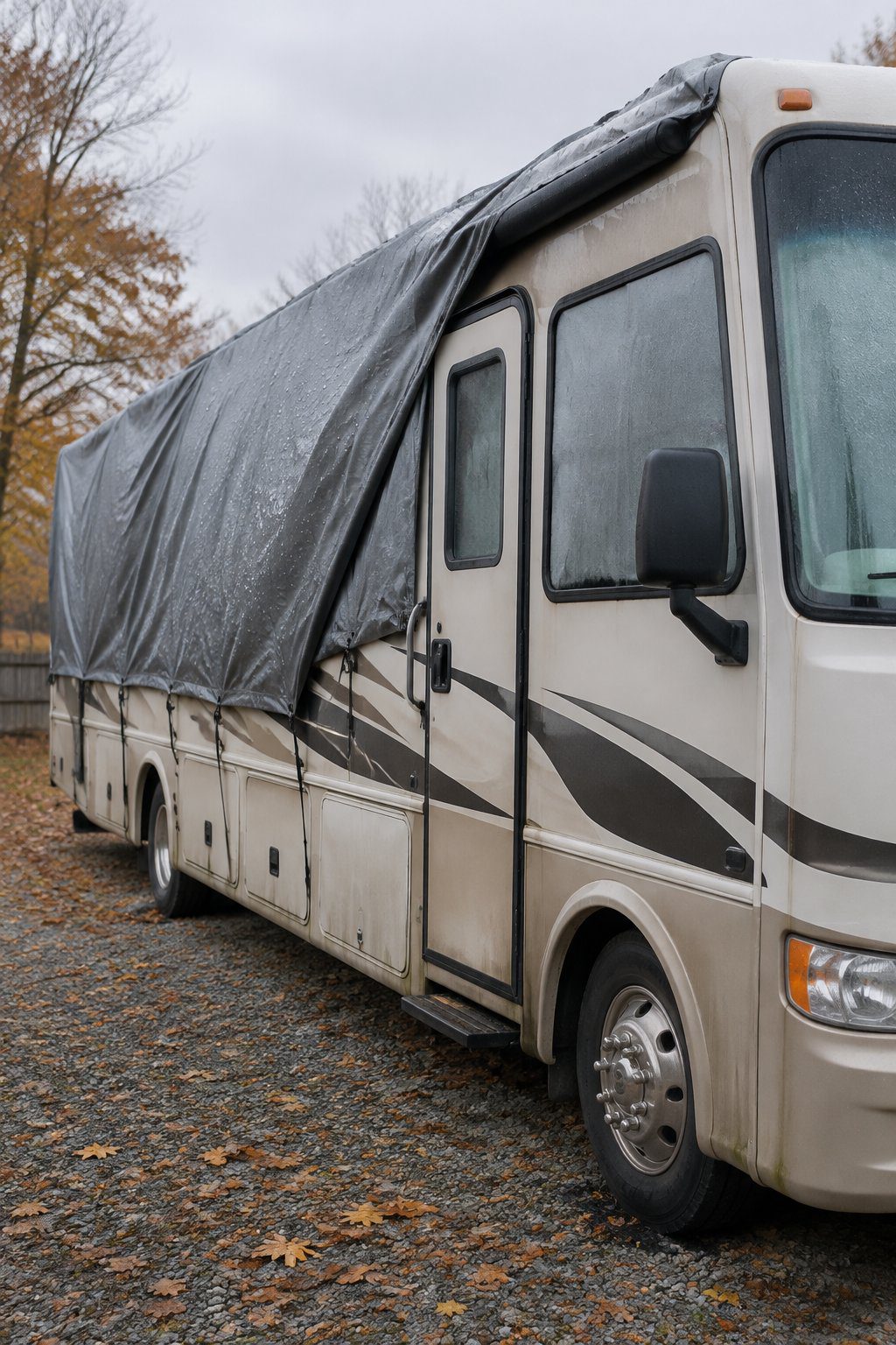An RV sits closed up outdoors in autumn, with a tarp covering part of it and moisture visible beneath the tarp.