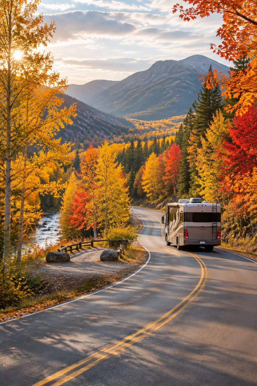 An RV travels along a quiet road through colorful autumn trees.