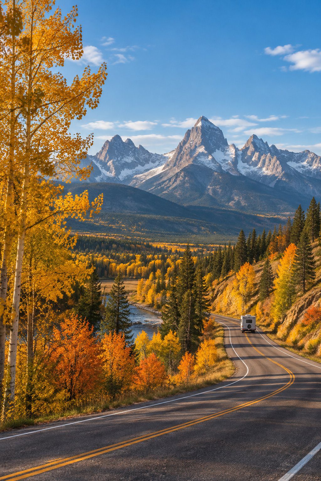 A recreational vehicle travels along a road through golden autumn trees toward distant mountains.