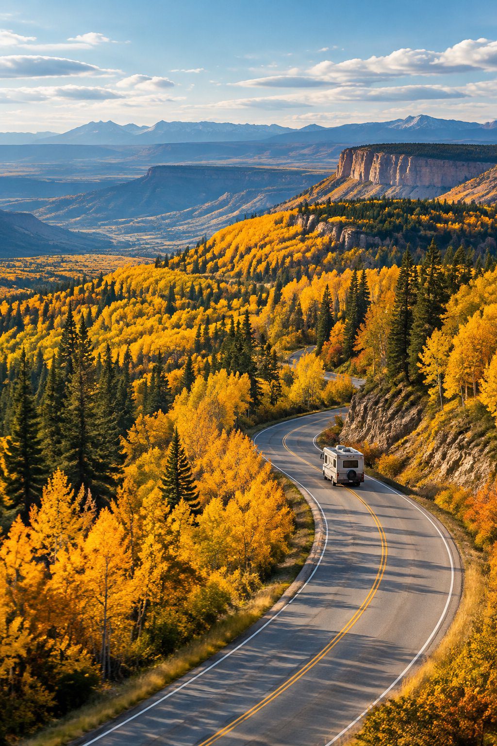 An RV travels along a winding road through golden aspen and evergreen forests in Colorado.