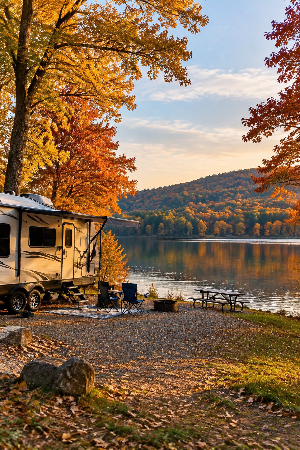 An RV campsite beside a calm lake, surrounded by colorful autumn trees.