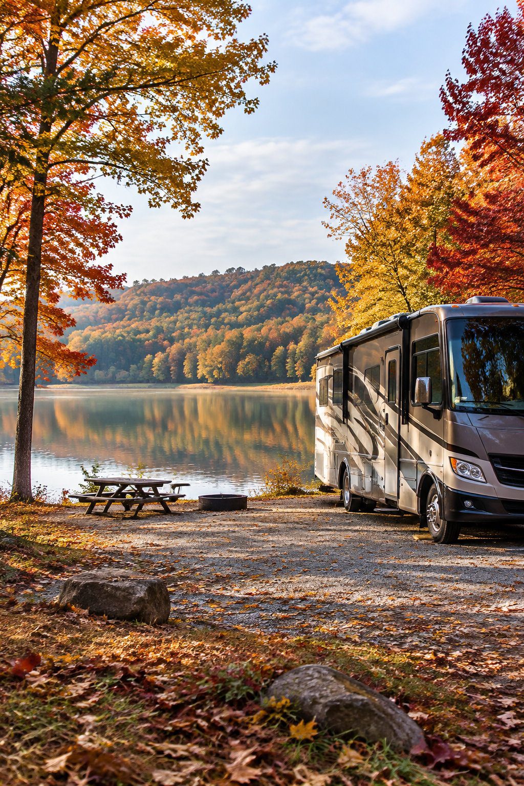 An RV parked beside a lake surrounded by colorful autumn trees.