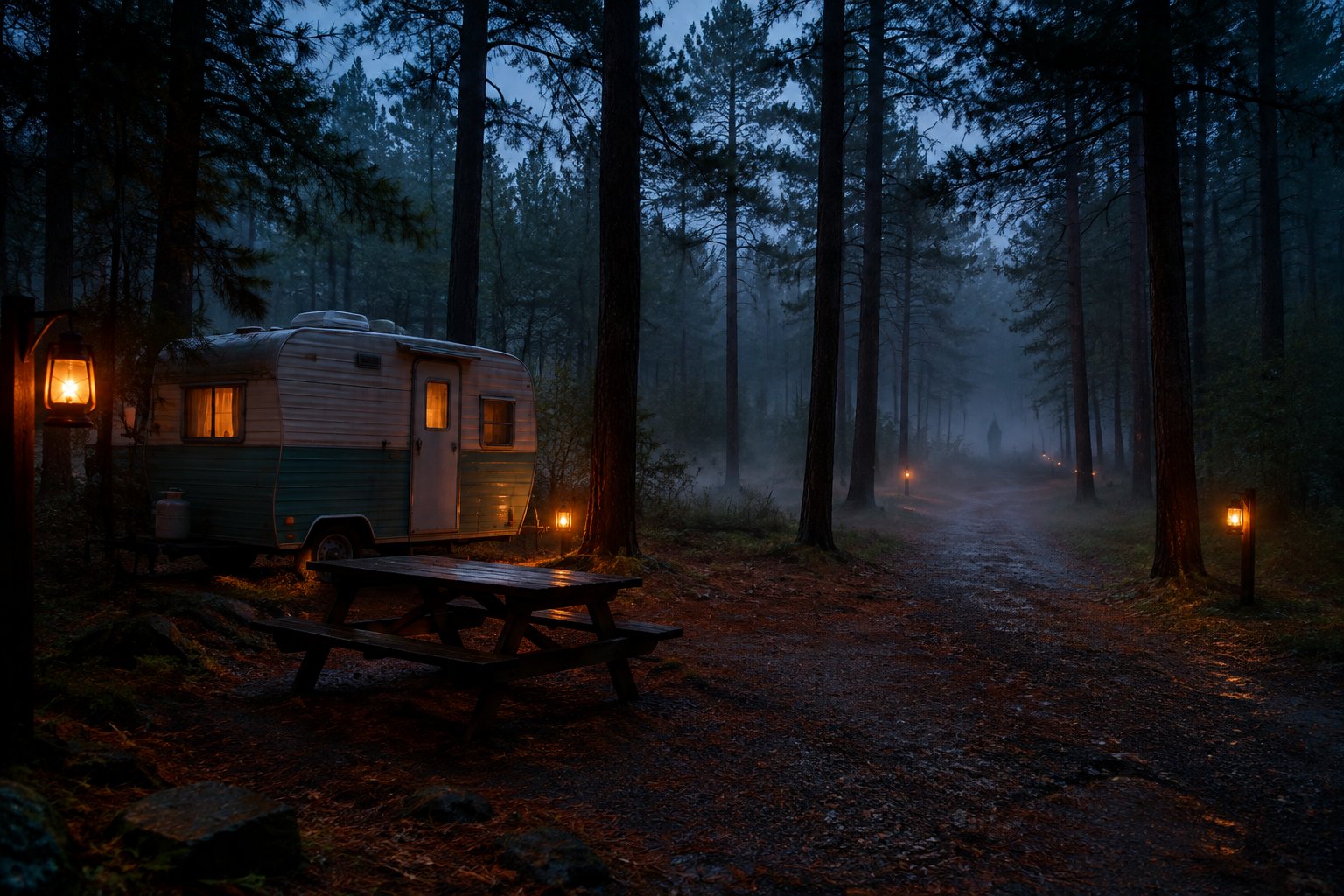 A camper and picnic table sit beneath pine trees beside a misty forest path at dusk.