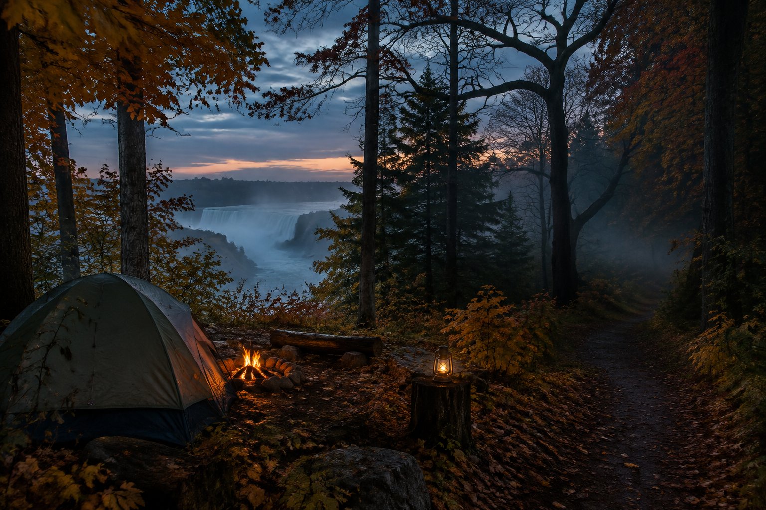 A tent and glowing campfire sit among misty trees near Niagara Falls at dusk.