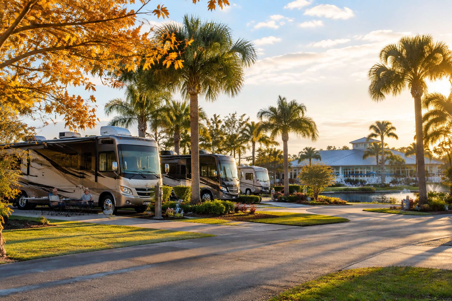 Recreational vehicles parked at a sunny resort with palm trees and landscaped grounds.