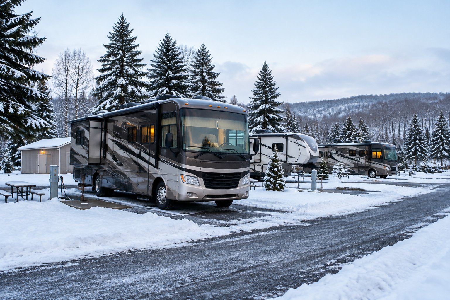 Recreational vehicles parked at a snow-covered campground among evergreen trees.