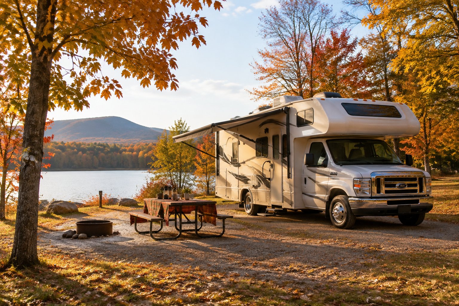 A recreational vehicle parked at a quiet campground surrounded by autumn leaves.