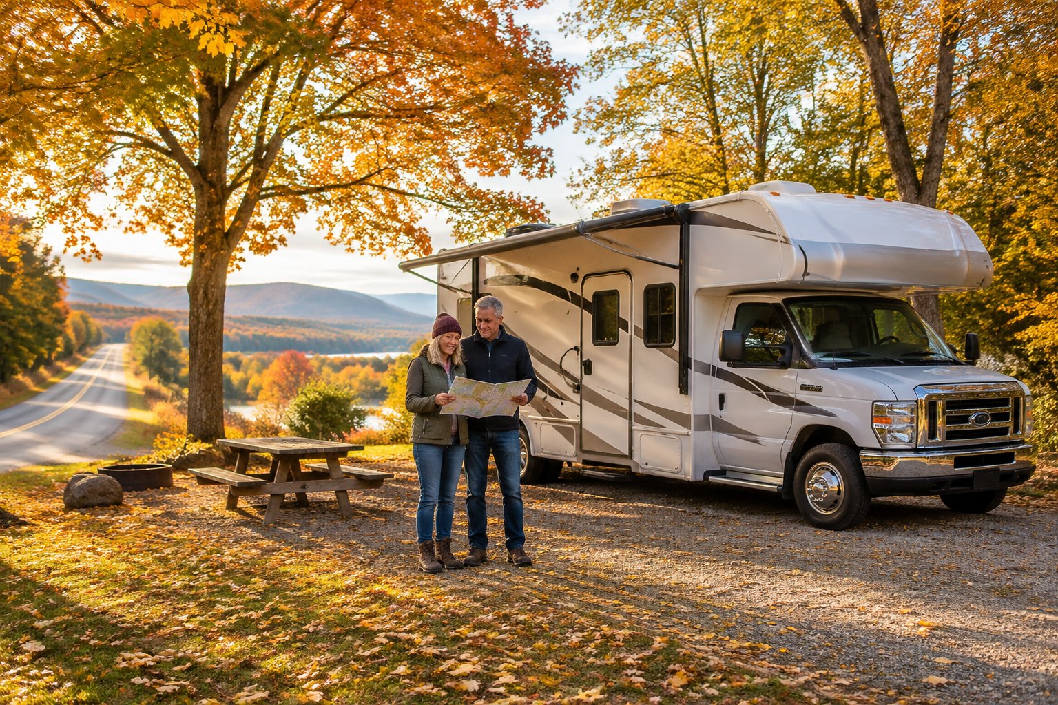 A couple prepares for a fall road trip beside their RV at a campground surrounded by autumn trees.